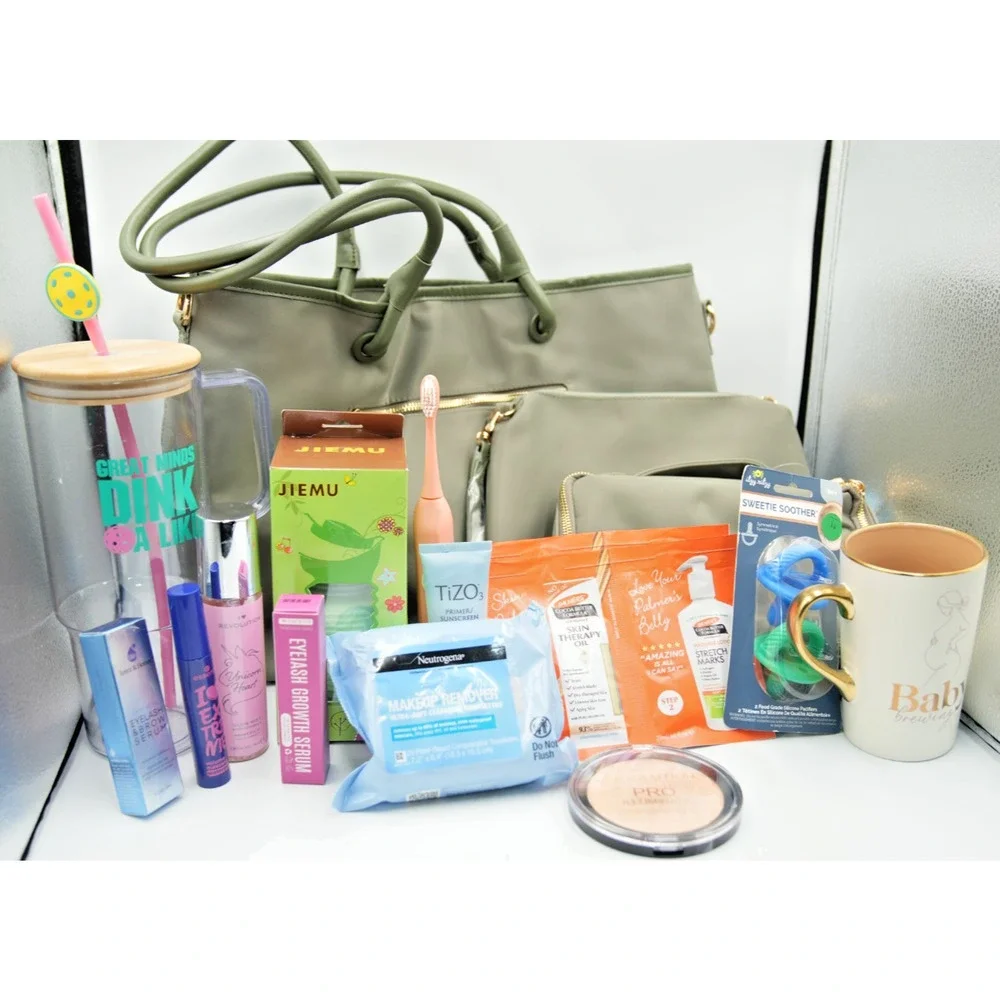 New Mom Gift Set | Diaper Bag‎ Set, Skincare, Tumbler, Pacifiers, Makeup